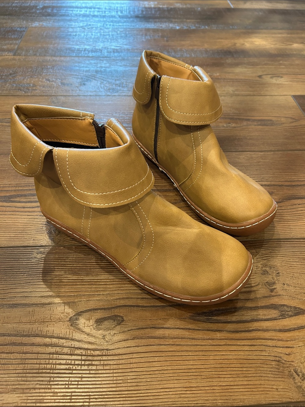 Women's Tan Ankle Booties with Side Zip and Hook-Over Collar
